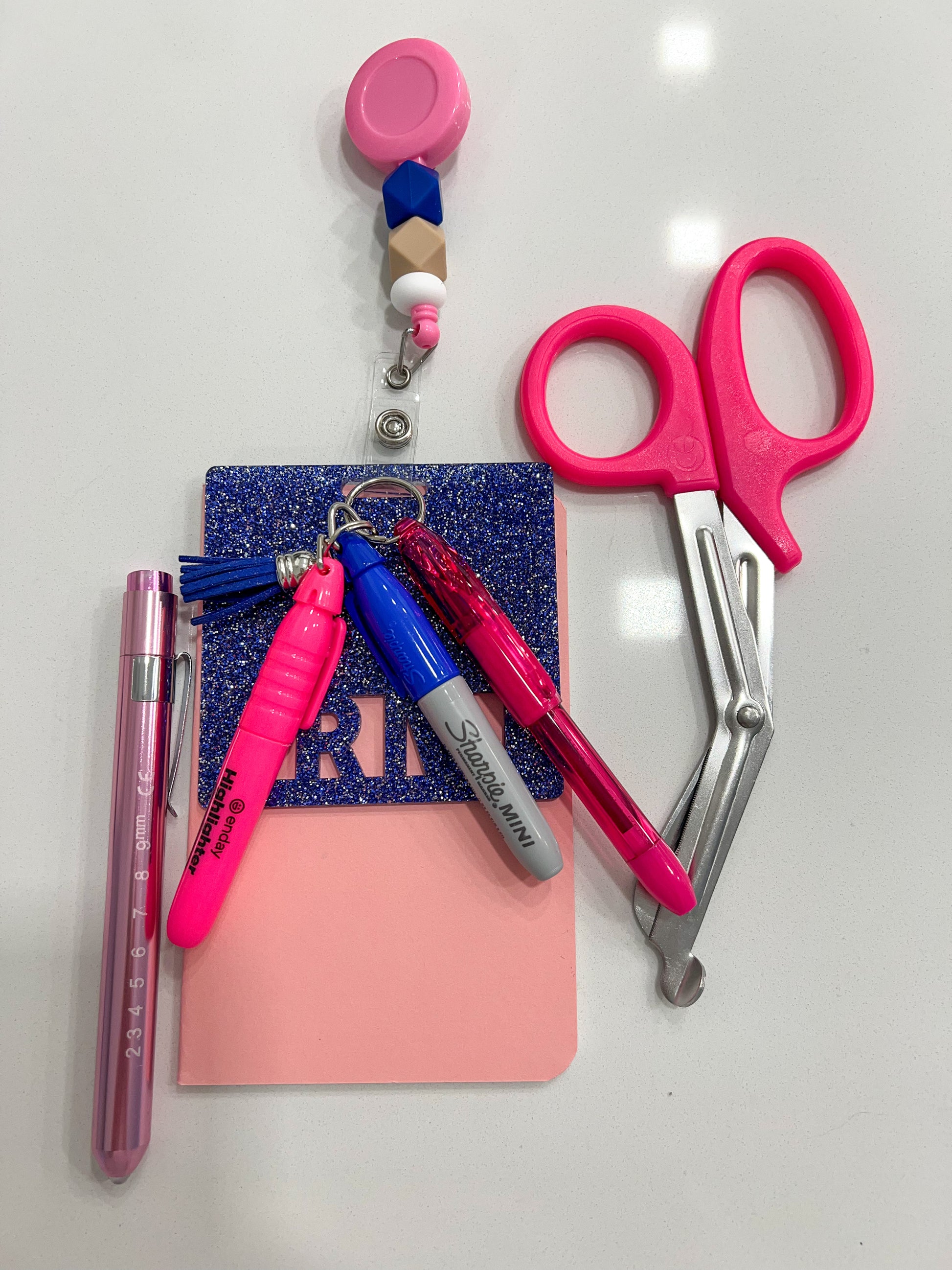 Blue Nursing Accessory Badge Reel Tool Bundle, Shears, Pen, Light, Marker